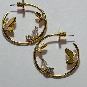 KATE SPADE Gold Floral Buffterfly Hoop Earrings Crystal Accent